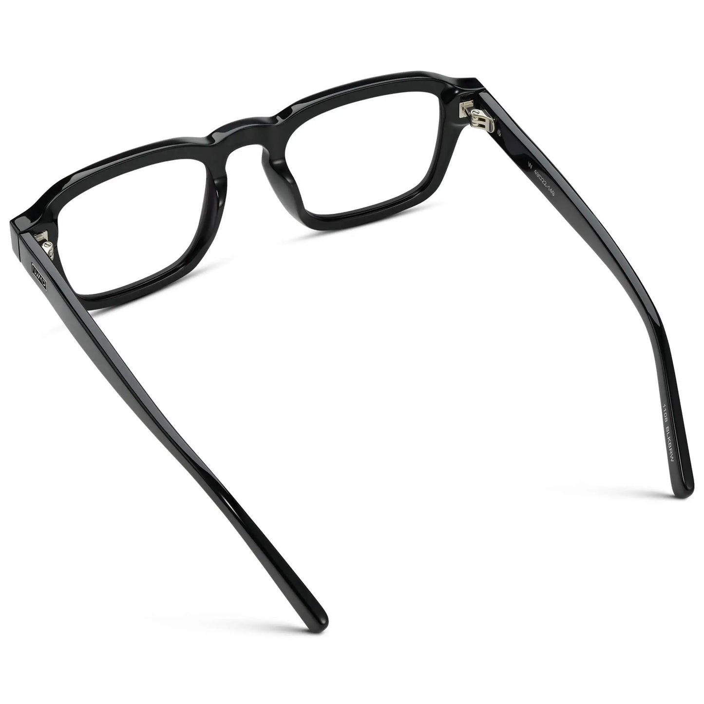 Black || Back view of Men's Rectangular Prescription Eyeglasses with Black Acetate Frame and Clear Prescription Lenses on a white background