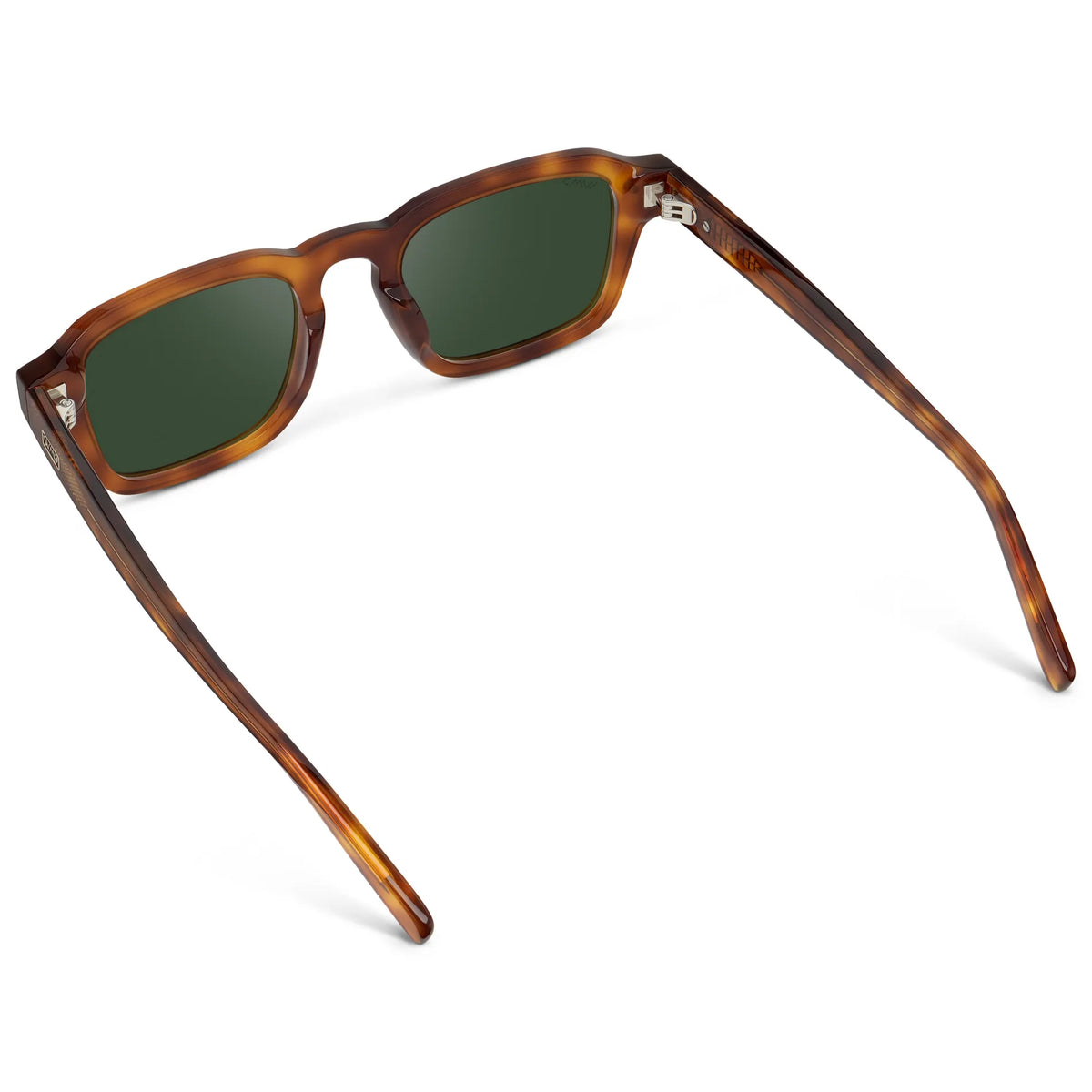 Saddlewood Tortoise / Smoke Green Lens || Back view of Men's Rectangular Polarized Sunglasses with Saddlewood Tortoise Acetate Frame and Smoke Green Lens on a white background