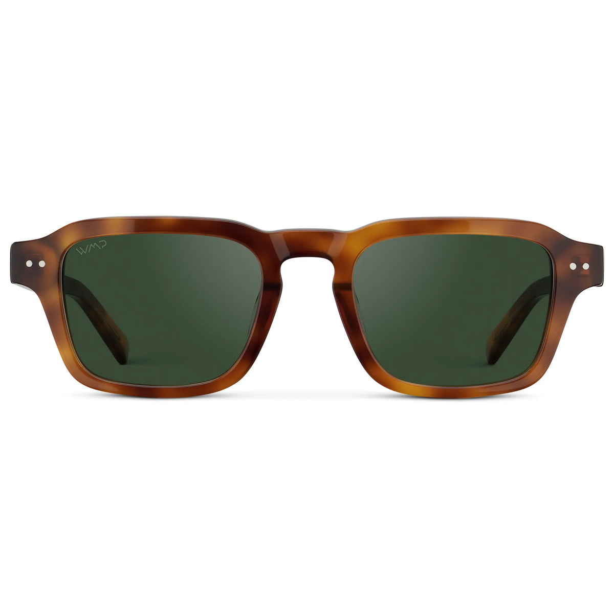 Saddlewood Tortoise / Smoke Green Lens || Men's Rectangular Polarized Sunglasses with Saddlewood Tortoise Acetate Frame and Smoke Green Lens on a white background
