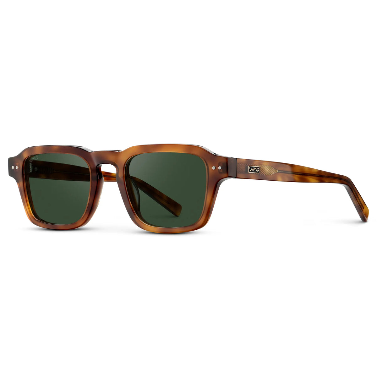 Saddlewood Tortoise / Smoke Green Lens || Side view of Men's Rectangular Polarized Sunglasses with Saddlewood Tortoise Acetate Frame and Smoke Green Lens on a white background