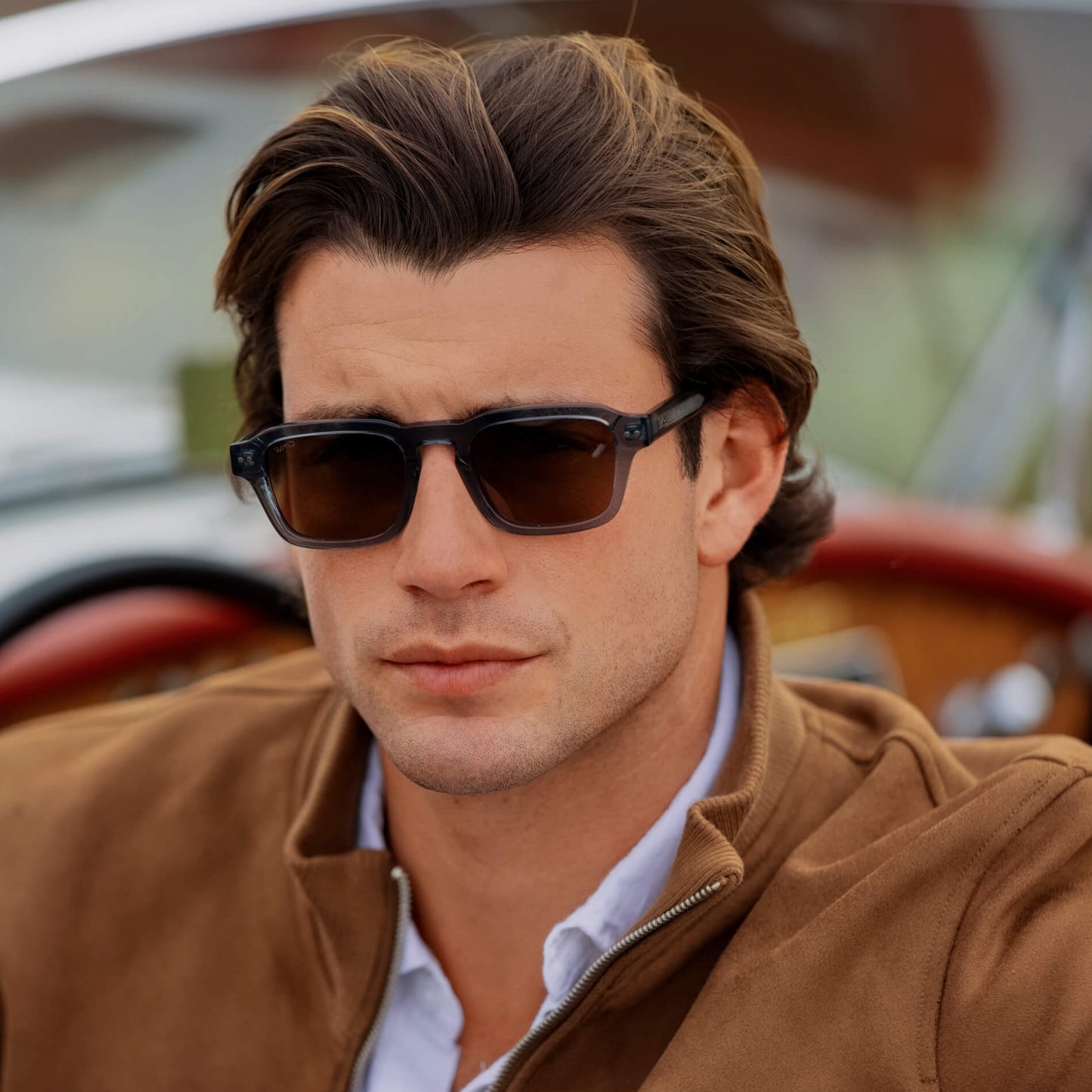 Crystal Stone Blue / Brown Lens || Men's Rectangular Polarized Sunglasses with Blue Acetate Frame and Brown Lens