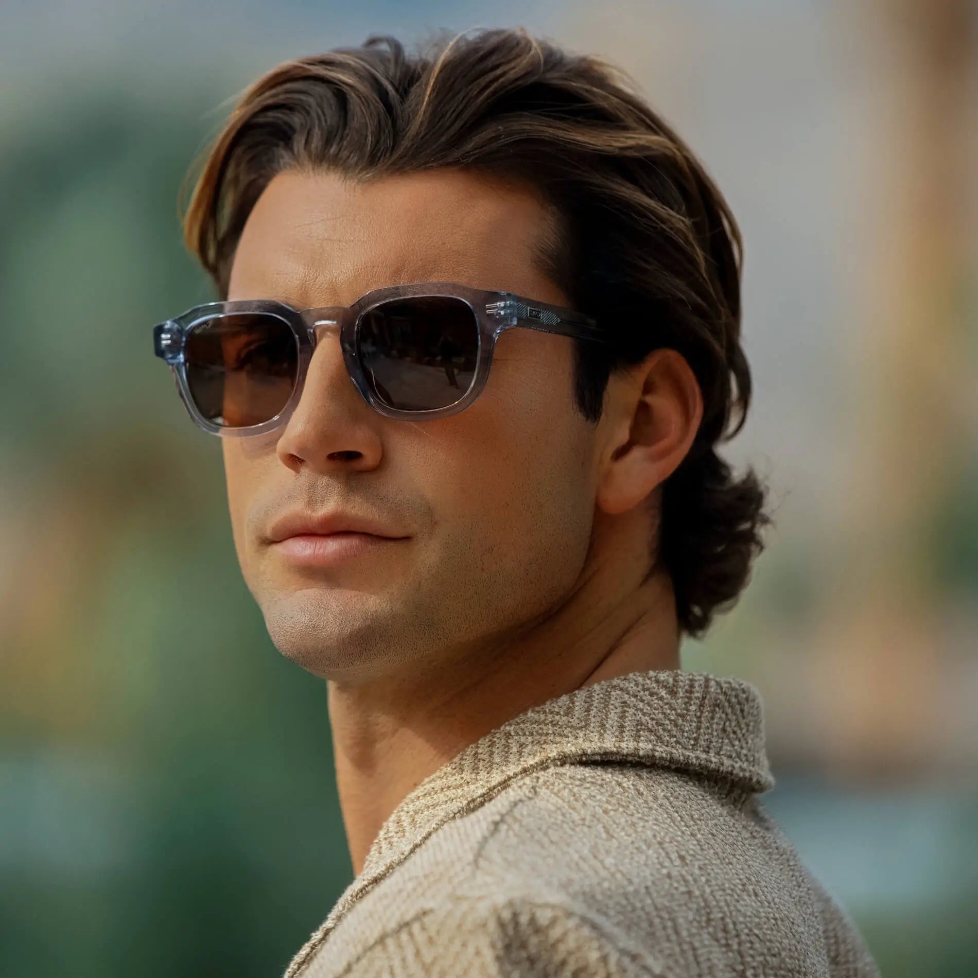 Denim Blue / Brown Lens || Men's Geometric Square Polarized Sunglasses with Blue Acetate Frame and Brown Lens