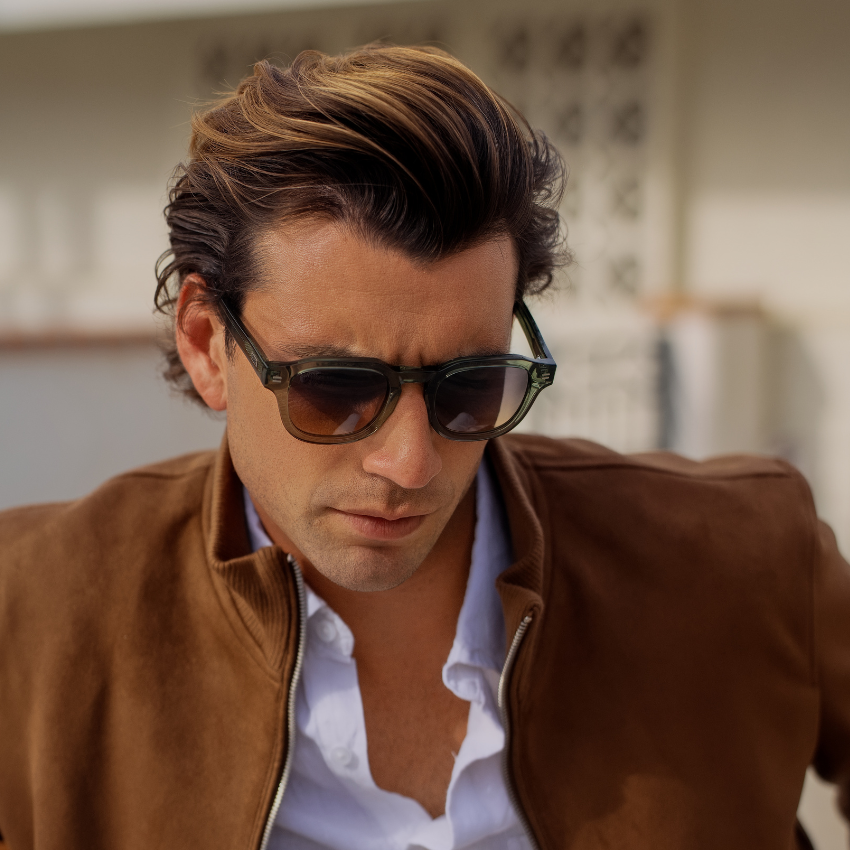 Crystal Agave Green / Grey Brown Gradient Lens || Men's Geometric Square Polarized Sunglasses with Green Acetate Frame and Grey Brown Gradient Lens