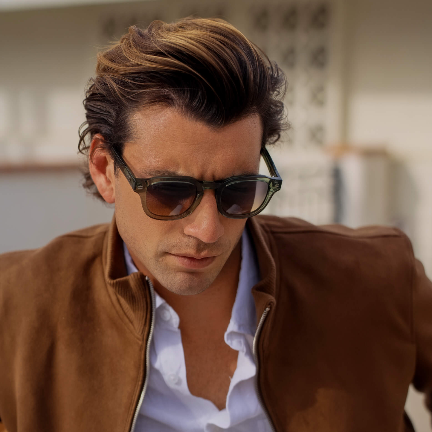 Crystal Agave Green / Grey Brown Gradient Lens || Men's Geometric Square Polarized Sunglasses with Green Acetate Frame and Grey Brown Gradient Lens