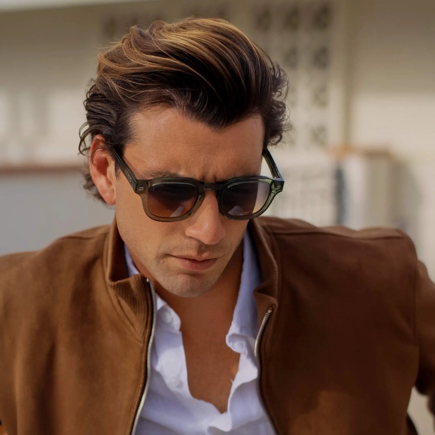 Crystal Agave Green / Grey Brown Gradient Lens || Men's Geometric Square Polarized Sunglasses with Green Acetate Frame and Grey Brown Gradient Lens