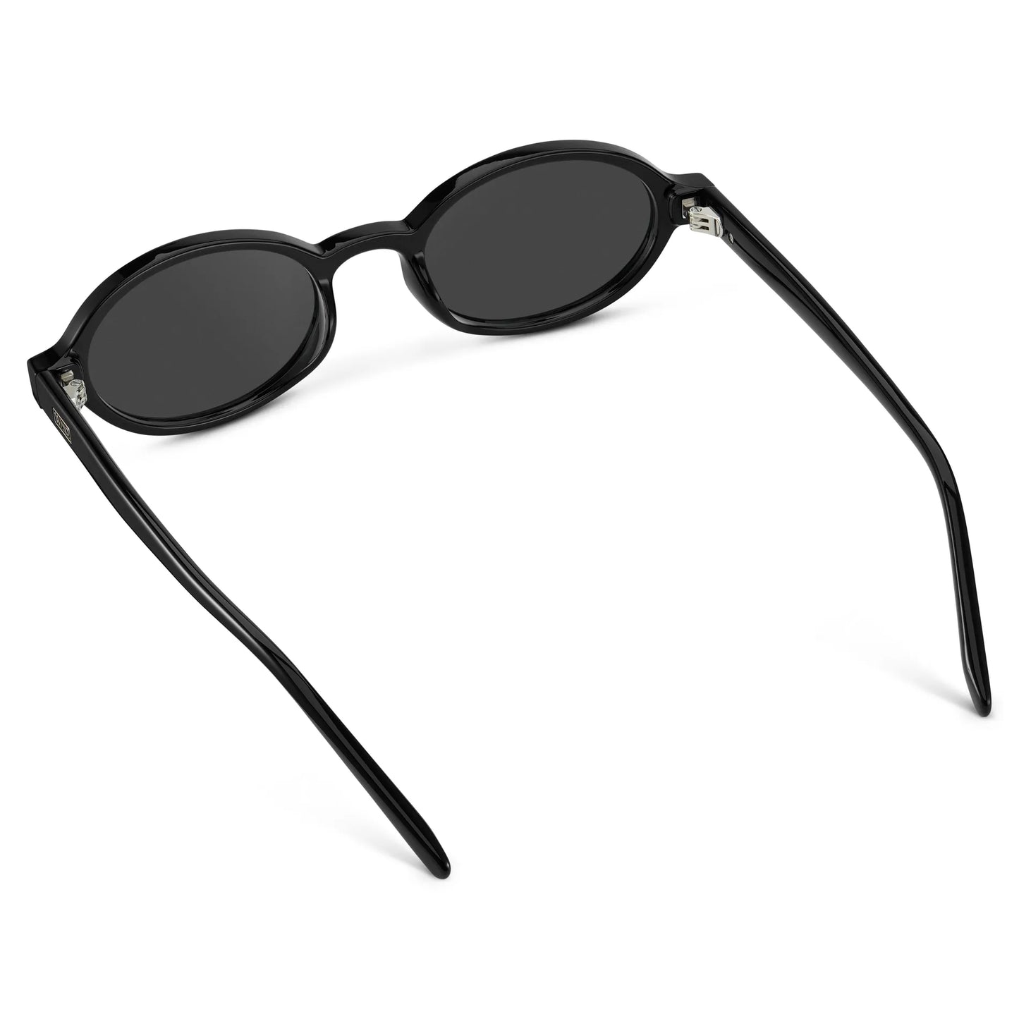 Black / Grey || Back view of Women's Slim Oval Prescription Sunglasses with Black Frame and Grey Lens on a white background