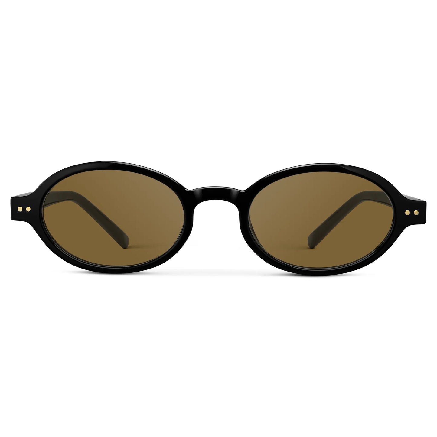 Black / Amber || Women's Slim Oval Prescription Sunglasses with Black Frame and Brown Lens on a white background