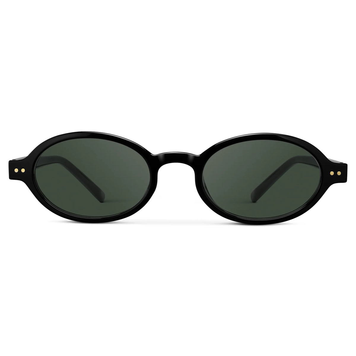 Black / G15 || Women's Slim Oval Prescription Sunglasses with Black Frame and Green Lens on a white background