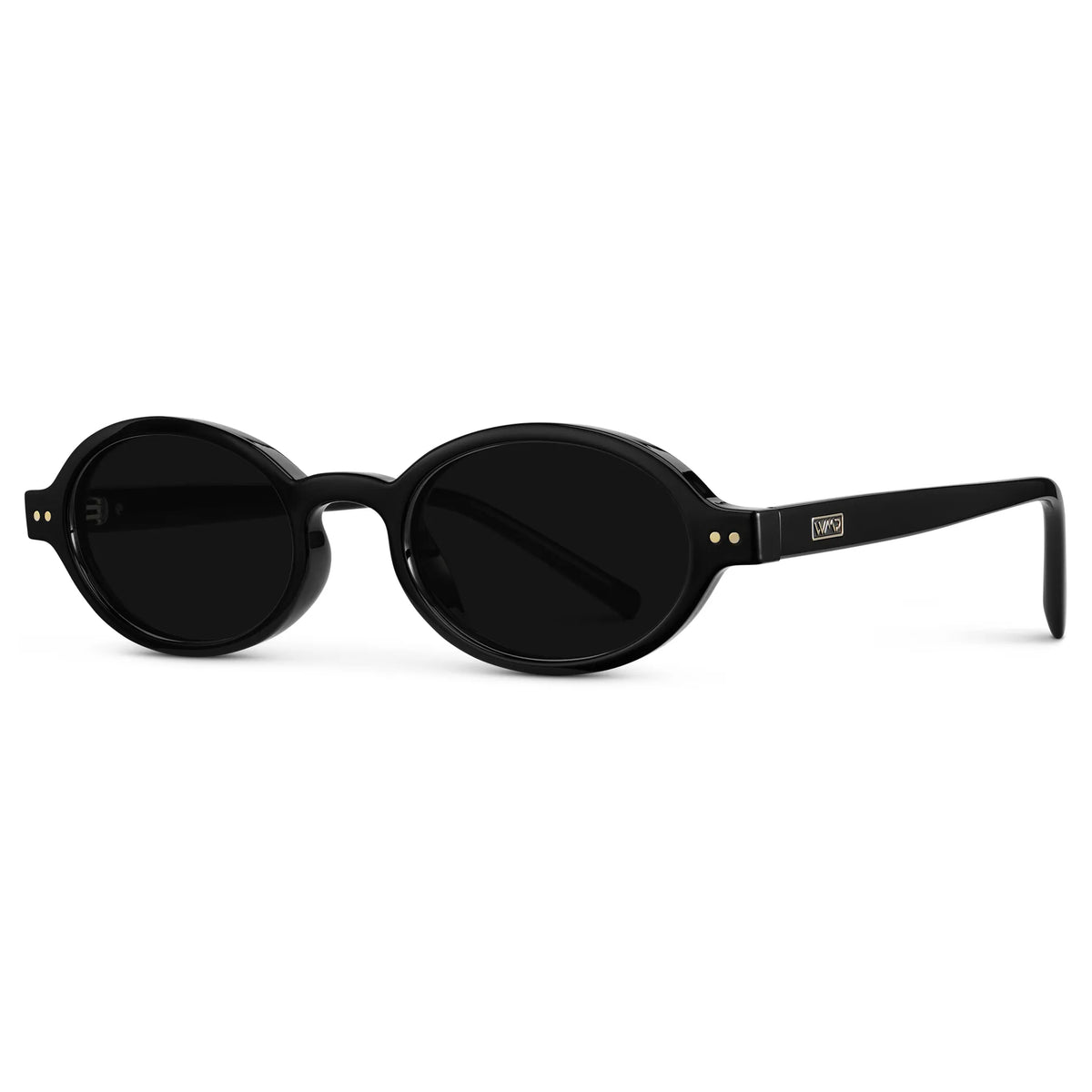 Black / Triple Black Lens || Side view of Women's Slim Oval Sunglasses with Black Frame and Black Lens on a white background
