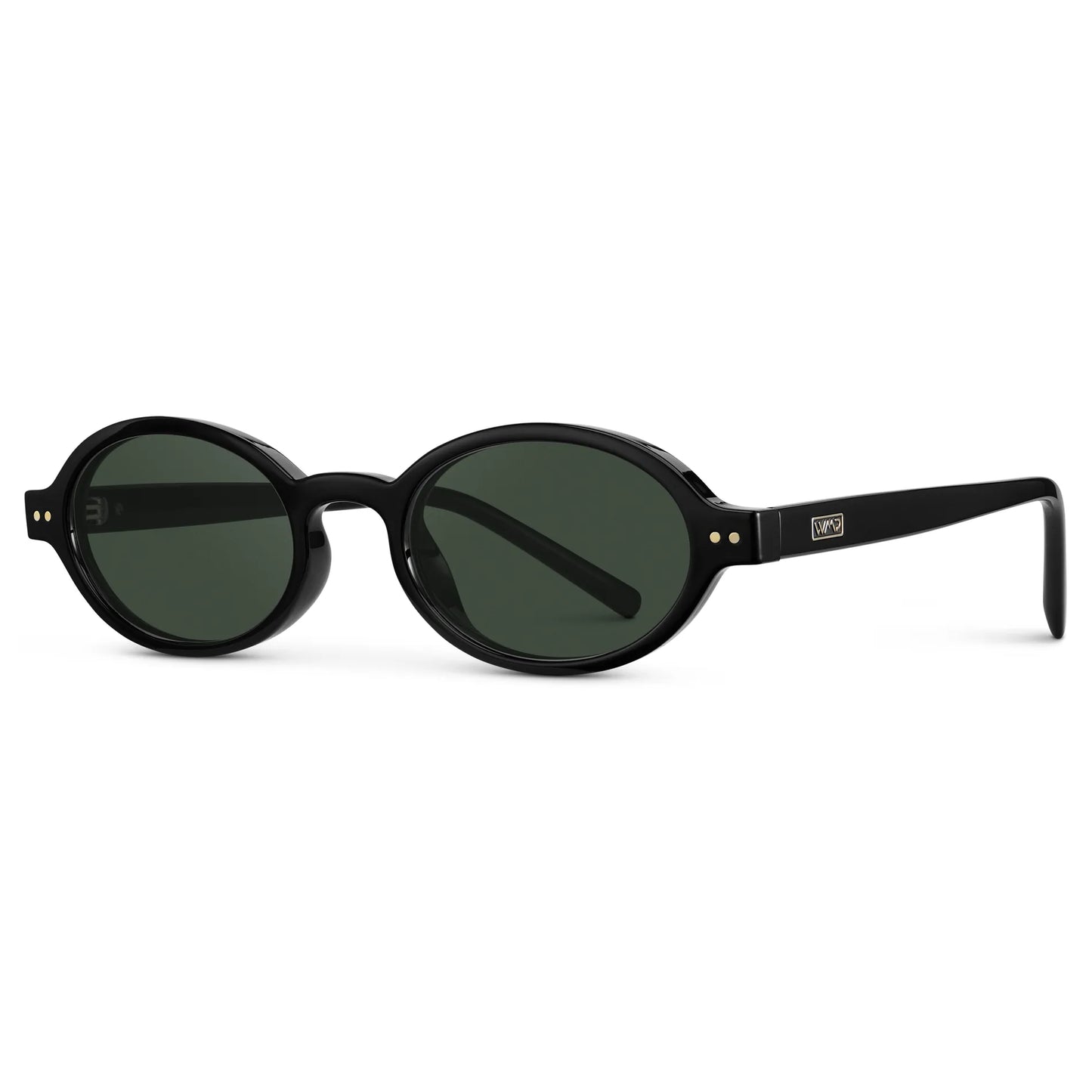 Black / G15 || Side view of Women's Slim Oval Prescription Sunglasses with Black Frame and Green Lens on a white background