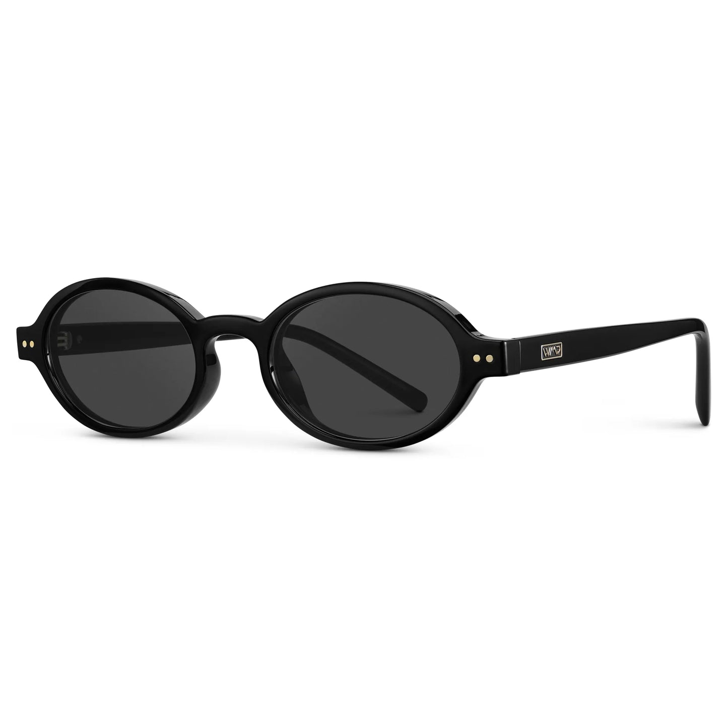 Black / Grey || Side view of Women's Slim Oval Prescription Sunglasses with Black Frame and Grey Lens on a white background