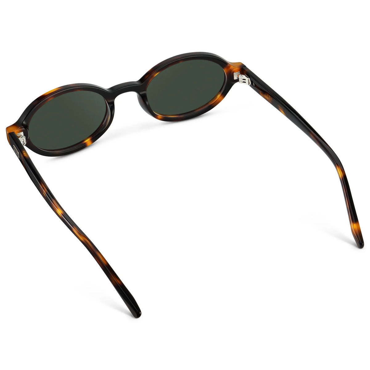 Brown Tortoise / G15 || Back view of Women's Slim Oval Prescription Sunglasses with Brown Tortoise Frame and Green Lens on a white background
