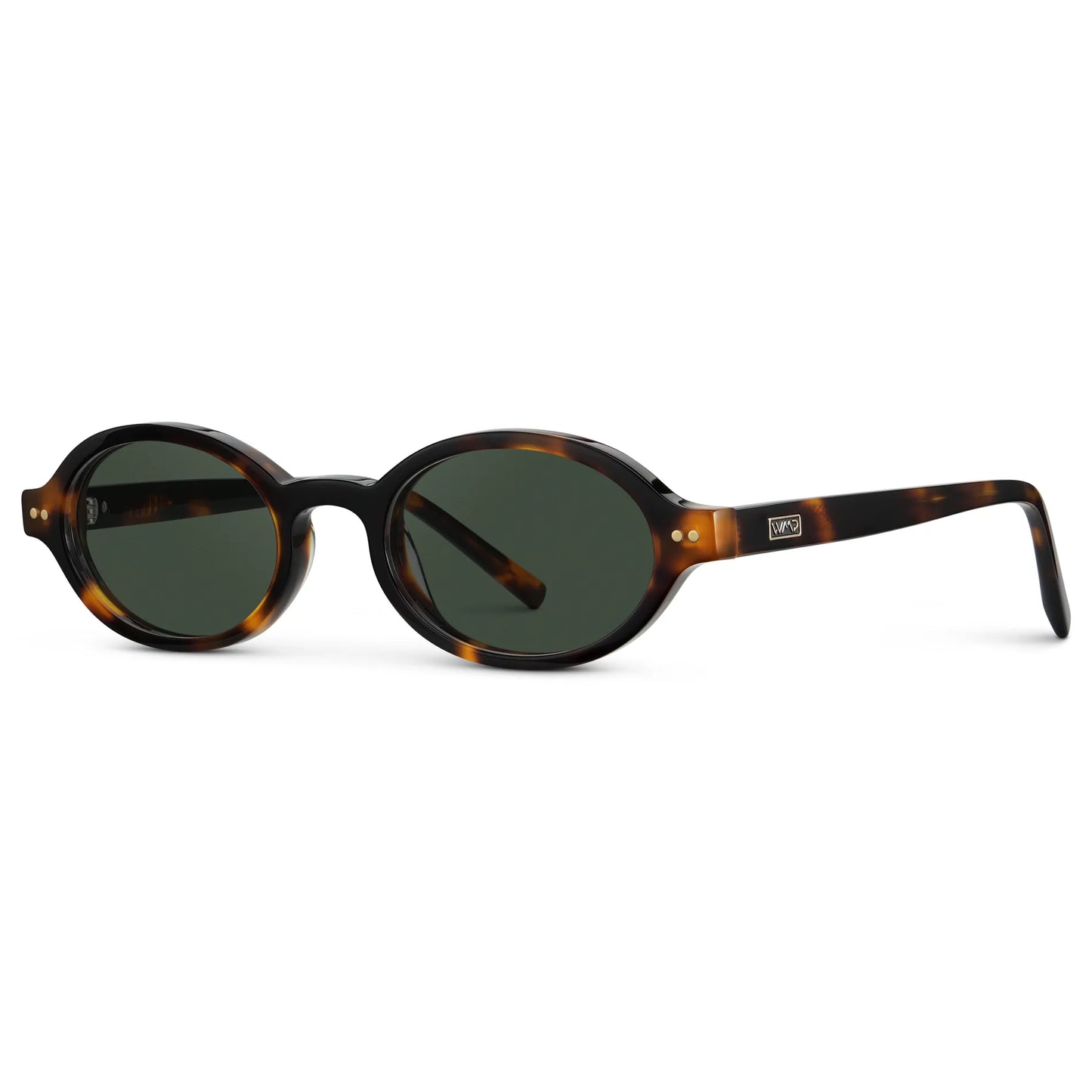 Brown Tortoise / G15 || Side view of Women's Slim Oval Prescription Sunglasses with Brown Tortoise Frame and Green Lens on a white background