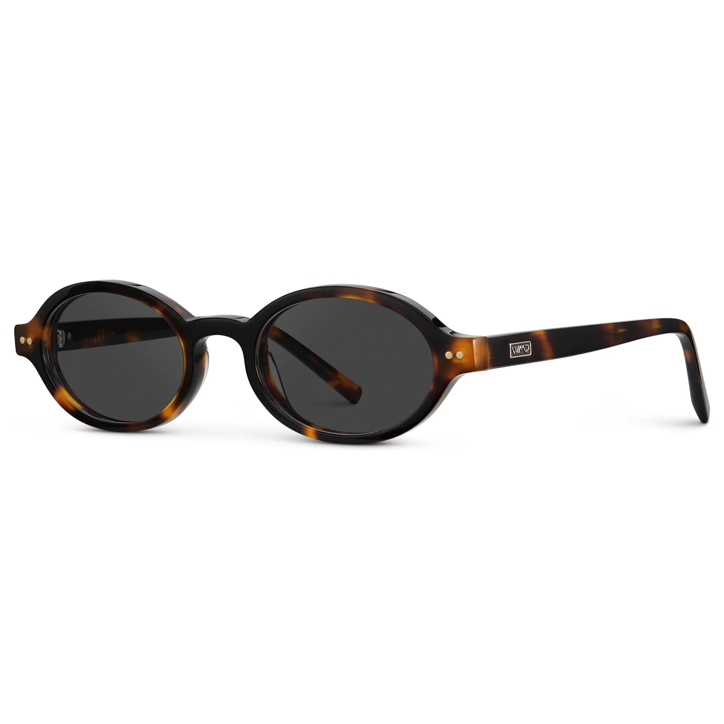 Brown Tortoise / Grey || Side view of Women's Slim Oval Prescription Sunglasses with Brown Tortoise Frame and Grey Lens on a white background