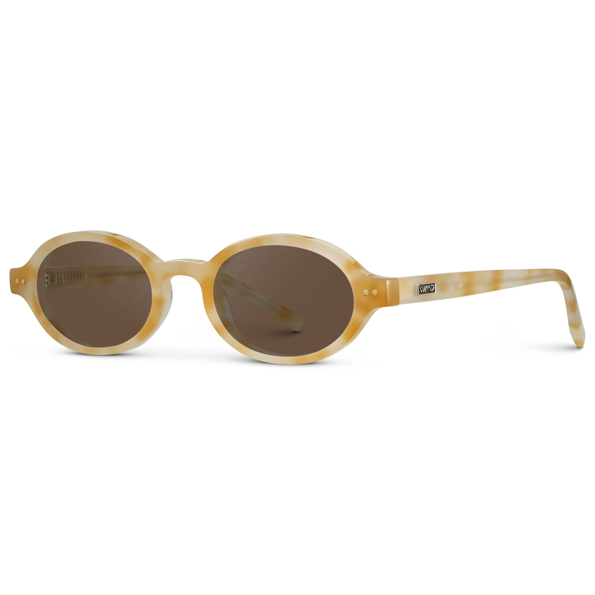 Butter Tortoise / Brown Lens || Side view of Women's Slim Oval Sunglasses with Butter Tortoise Frame and Brown Lens on a white background