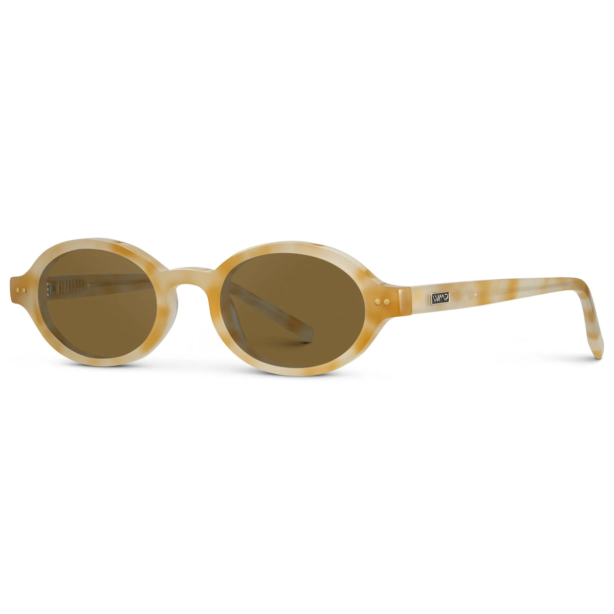 Butter Tortoise / Amber || Side view of Women's Slim Oval Prescription Sunglasses with Butter Tortoise Frame and Brown Lens on a white background