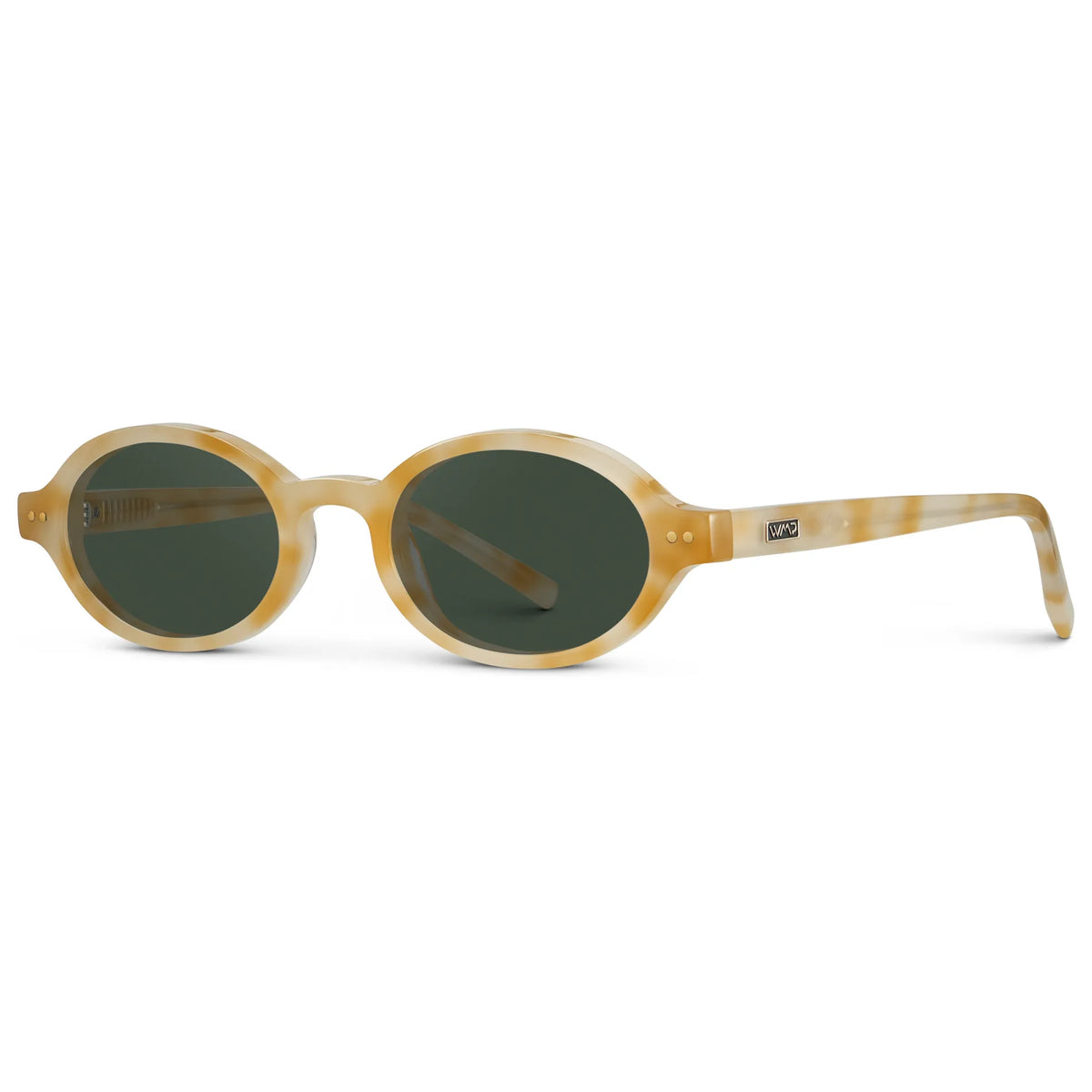 Butter Tortoise / G15 || Side view of Women's Slim Oval Prescription Sunglasses with Butter Tortoise Frame and Green Lens on a white background