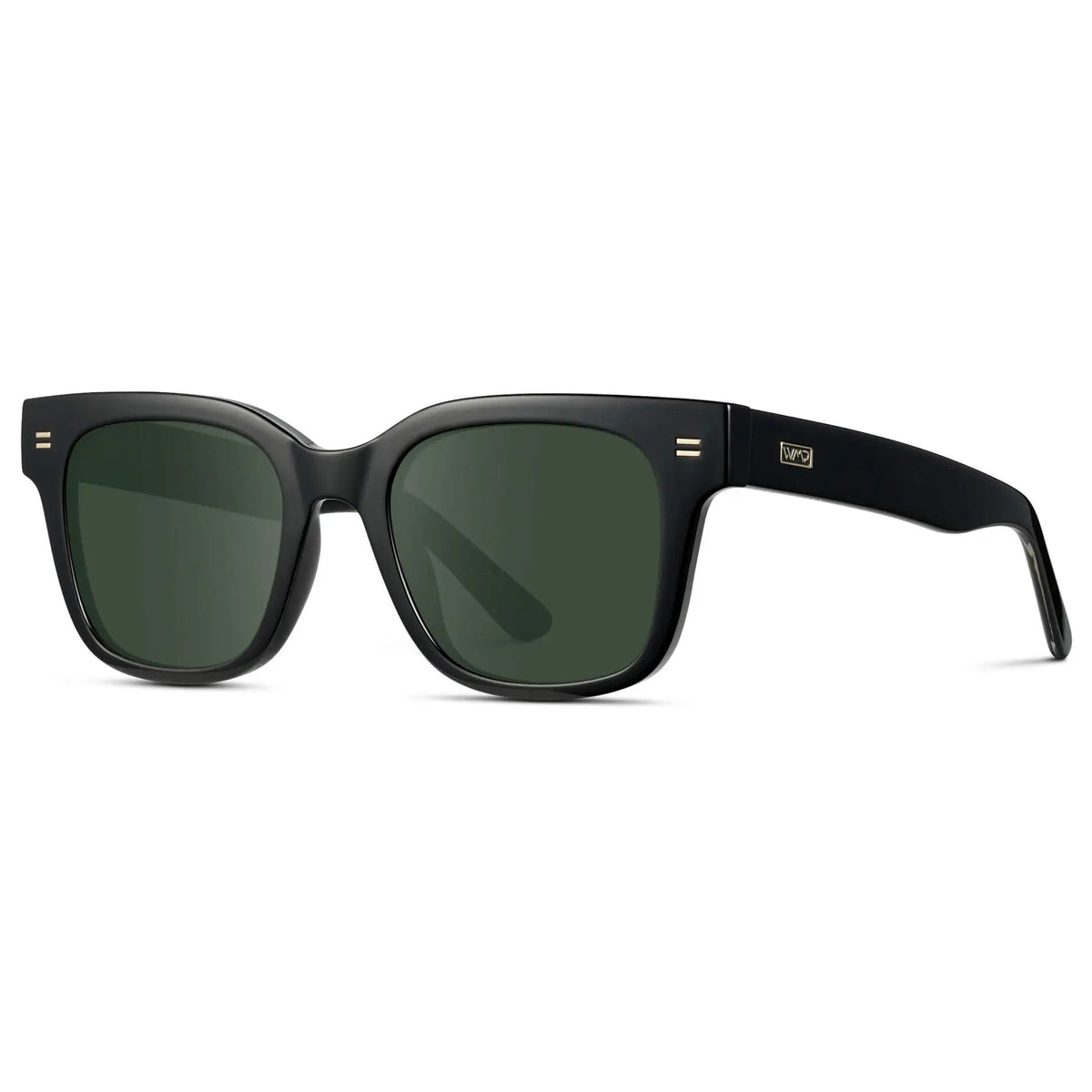 Black / G15 || Side view of Men's Square Frame Prescription Sunglasses with Black Frame and Green Lenses