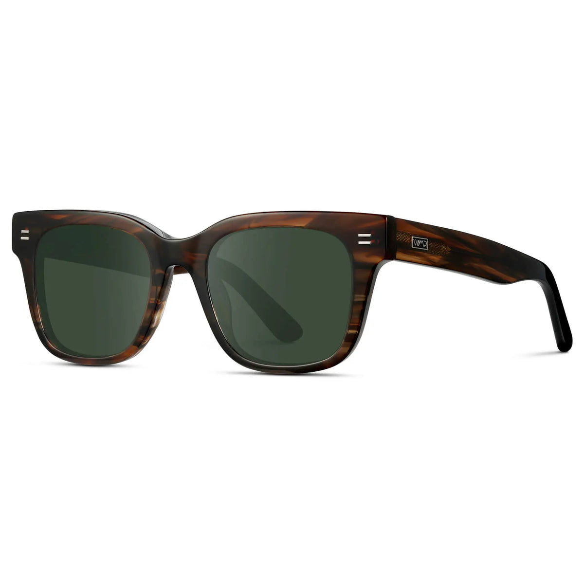 Red Oak / G15 || Side view of Men's Square Frame Prescription Sunglasses with Red Oak Frame and Green Lenses