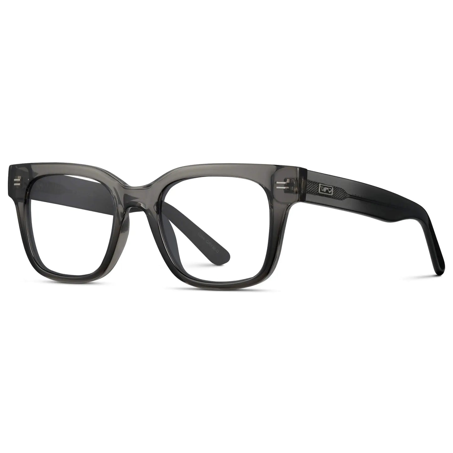 Black Ice Fade || Side view of Men's Square Prescription Glasses with Black Ice Fade Frames and Clear Lenses on a white background