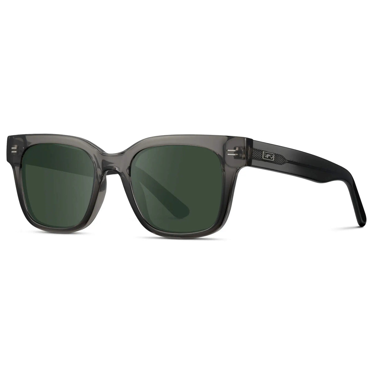 Black Ice Fade / G15 || Side view of Men's Square Frame Prescription Sunglasses with Grey Frame and Green Lenses