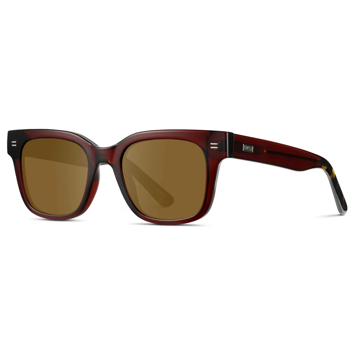 Red Garnet / Amber || Side view of Men's Square Frame Prescription Sunglasses with Red Frame and Brown Lenses