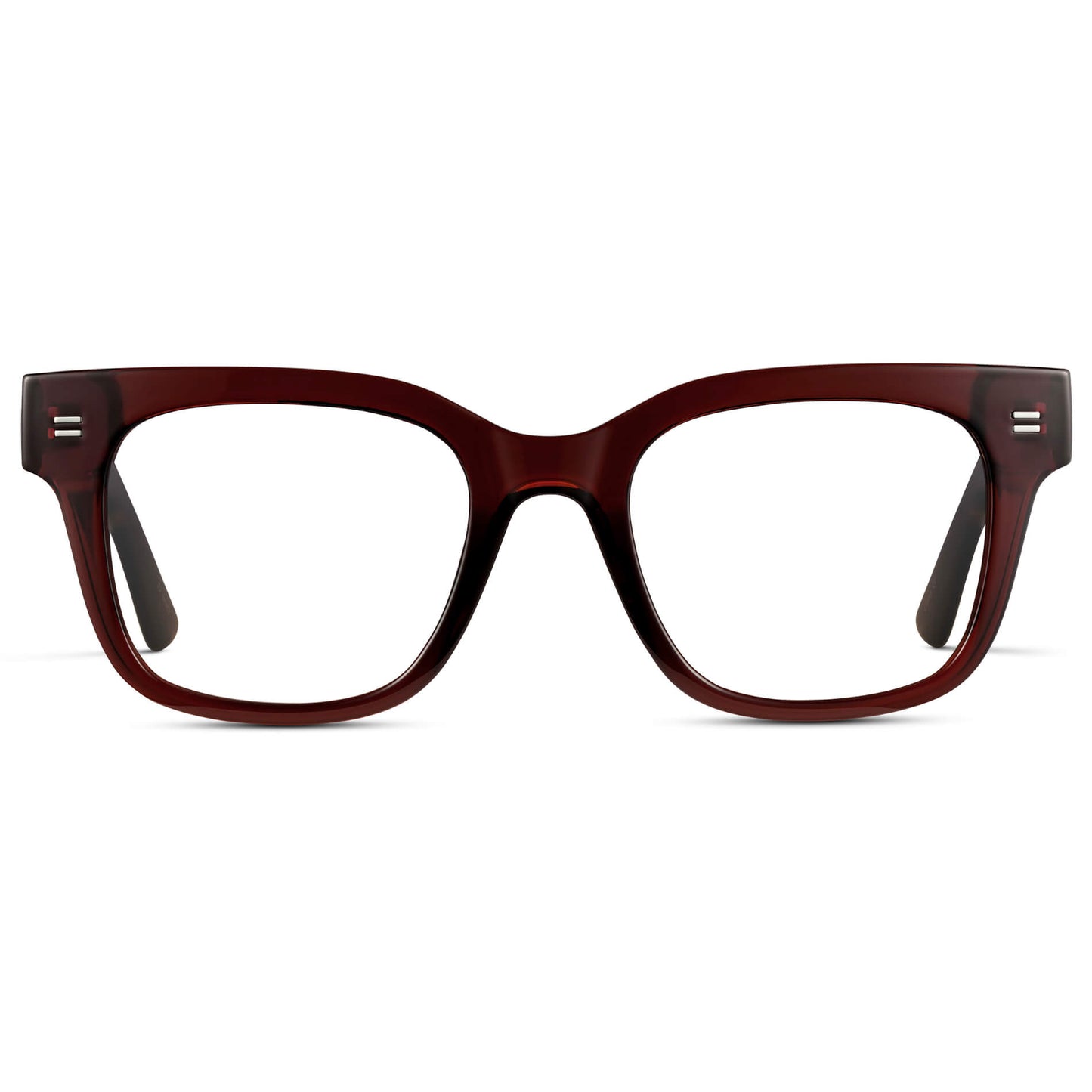 Red Garnet || Square Frame Glasses with Clear Prescription Lenses front view.