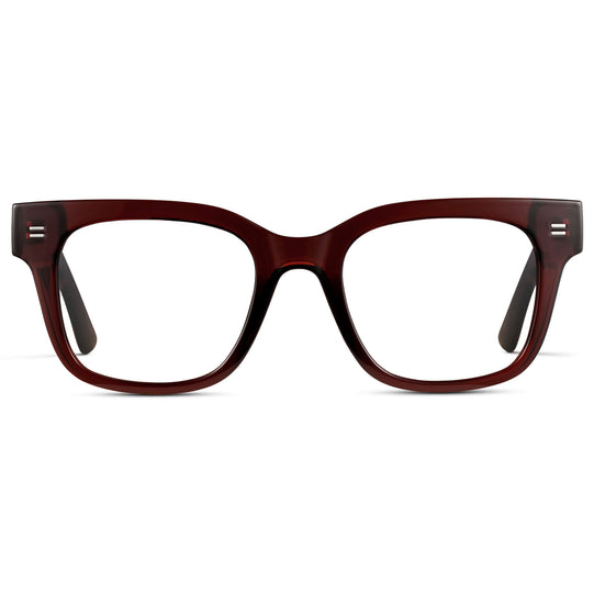 Red Garnet || Square Frame Glasses with Clear Prescription Lenses front view.