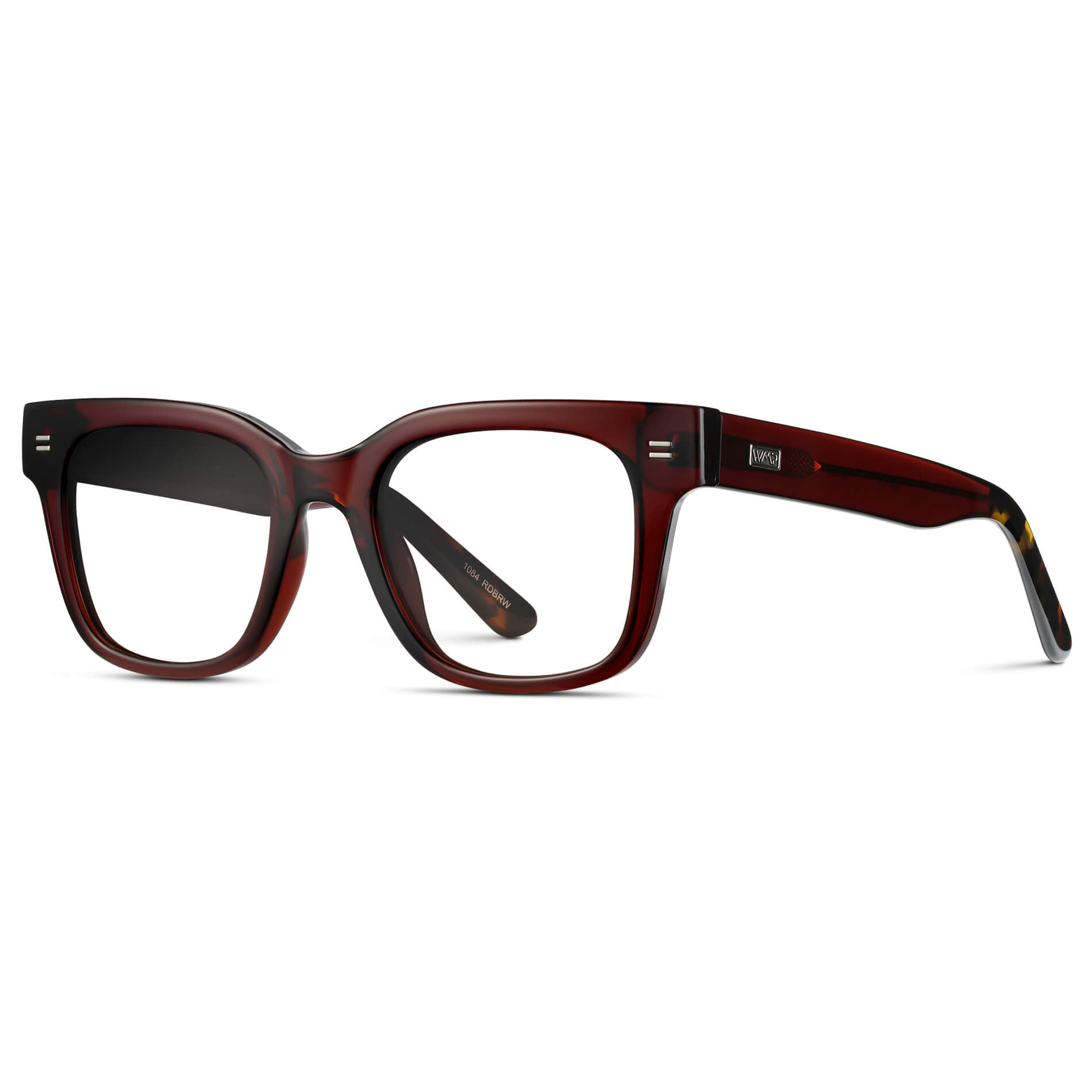 Red Garnet || Square Frame Glasses with Clear Prescription Lenses side view.