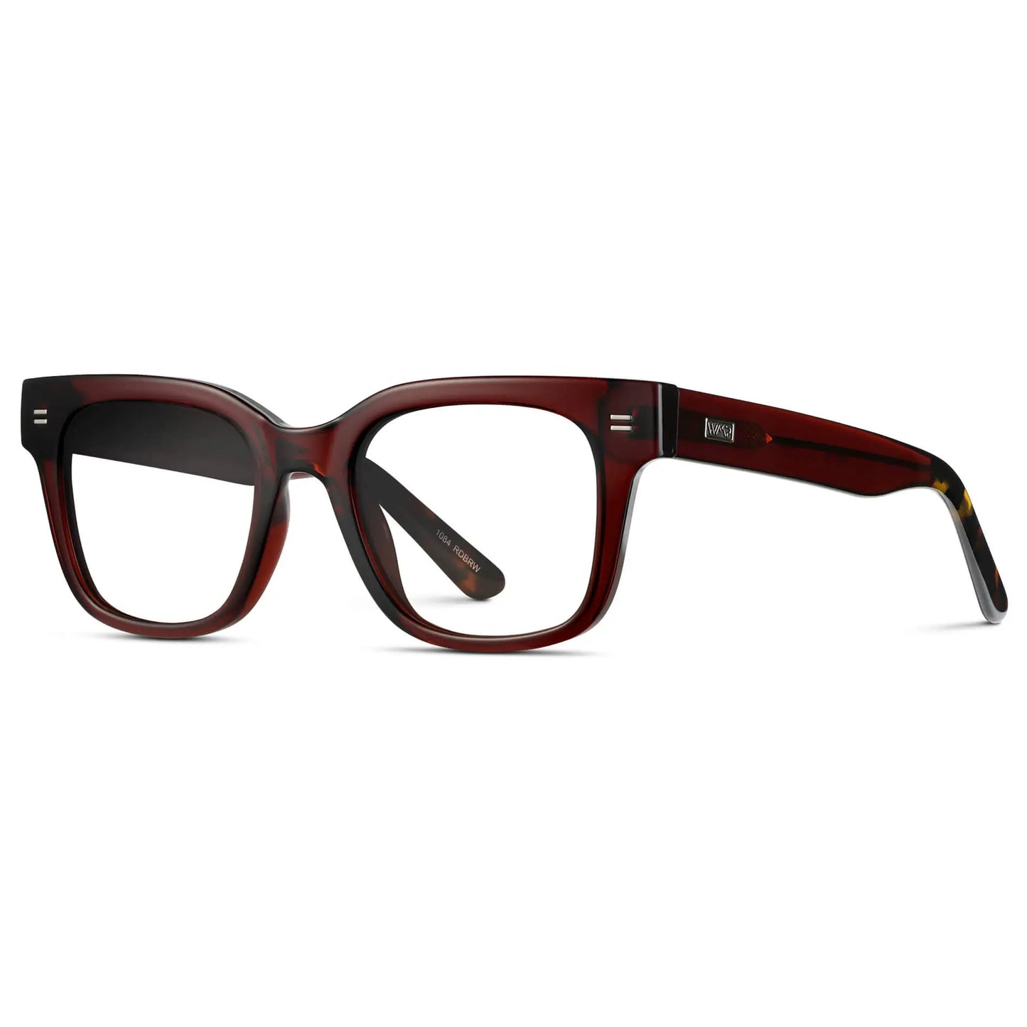 Red Garnet || Side view of Men's Square Prescription Glasses with Red Garnet Frames and Clear Lenses on a white background