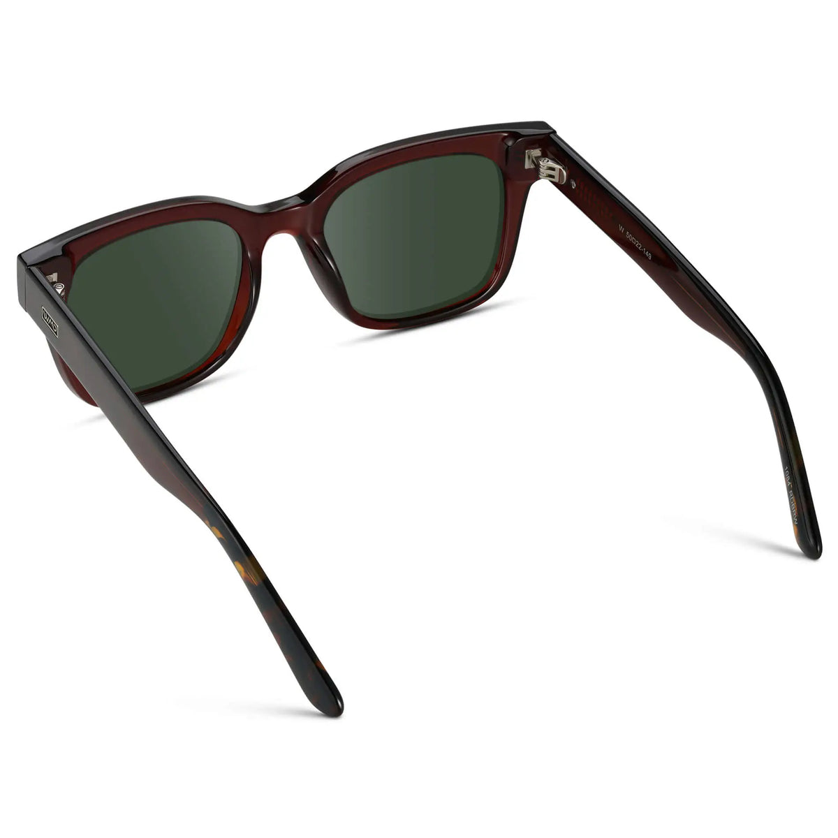 Red Garnet / G15 || Back view of Men's Square Frame Prescription Sunglasses with Red Frame and Green Lenses