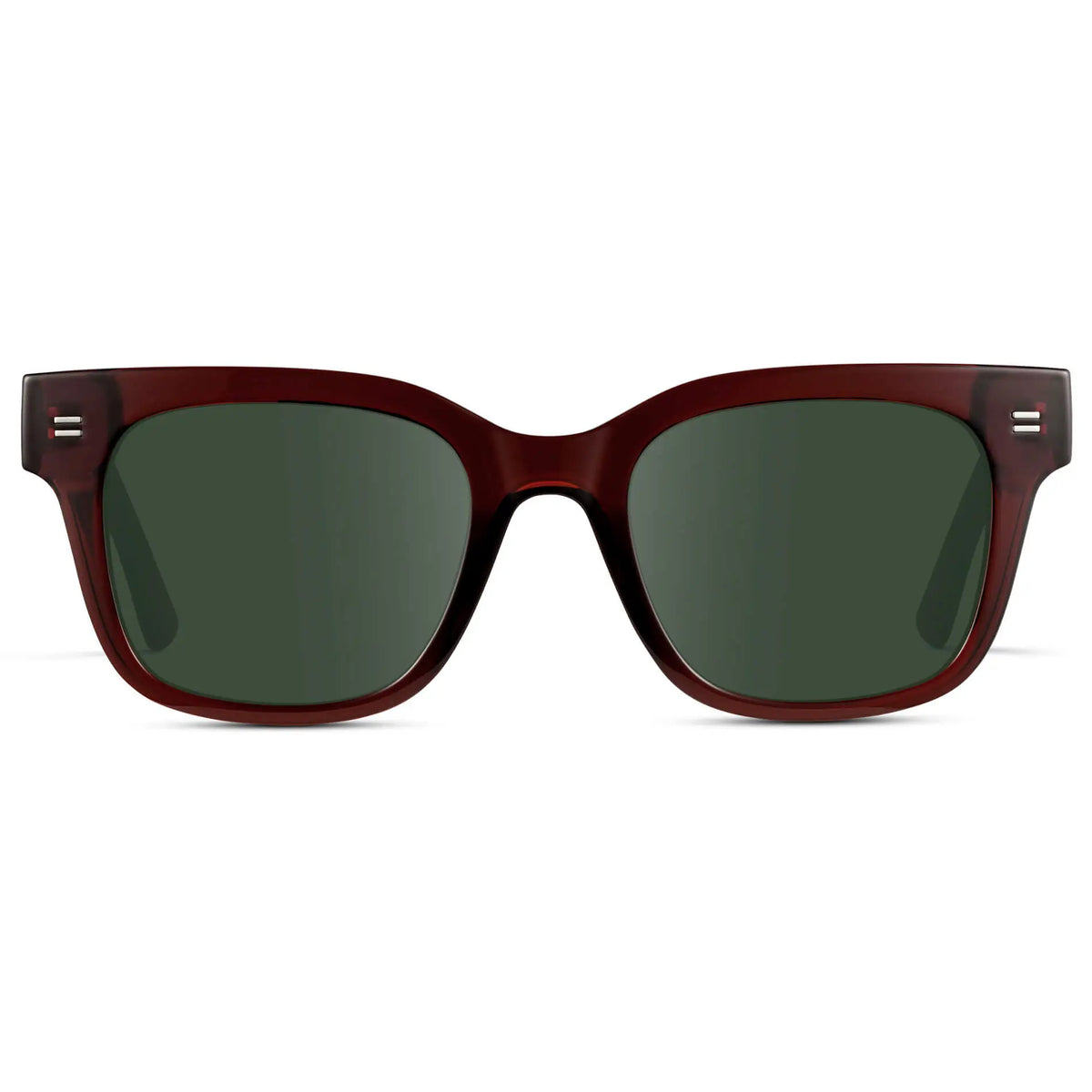 Red Garnet / G15 || Front view of Men's Square Frame Prescription Sunglasses with Red Frame and Green Lenses