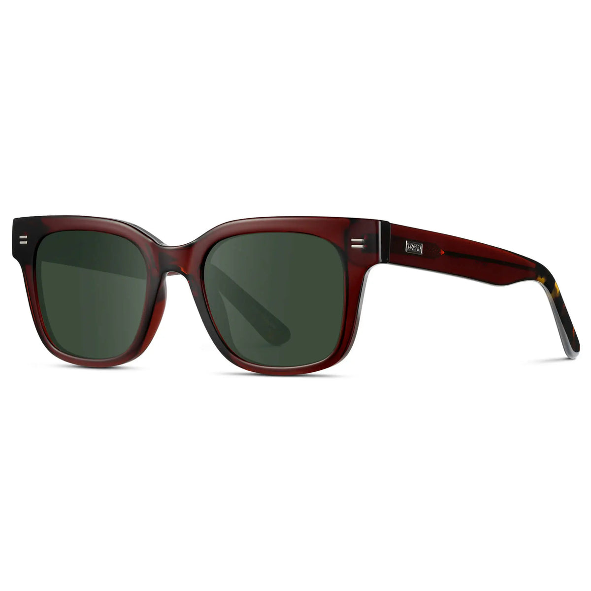 Red Garnet / G15 || Side view of Men's Square Frame Prescription Sunglasses with Red Frame and Green Lenses
