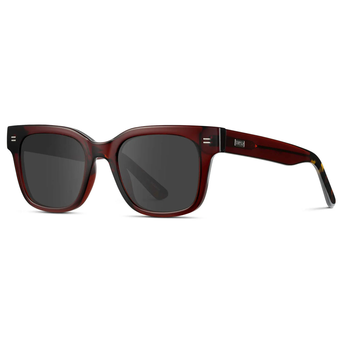 Red Garnet / Grey || Side view of Men's Square Frame Prescription Sunglasses with Red Frame and Grey Lenses