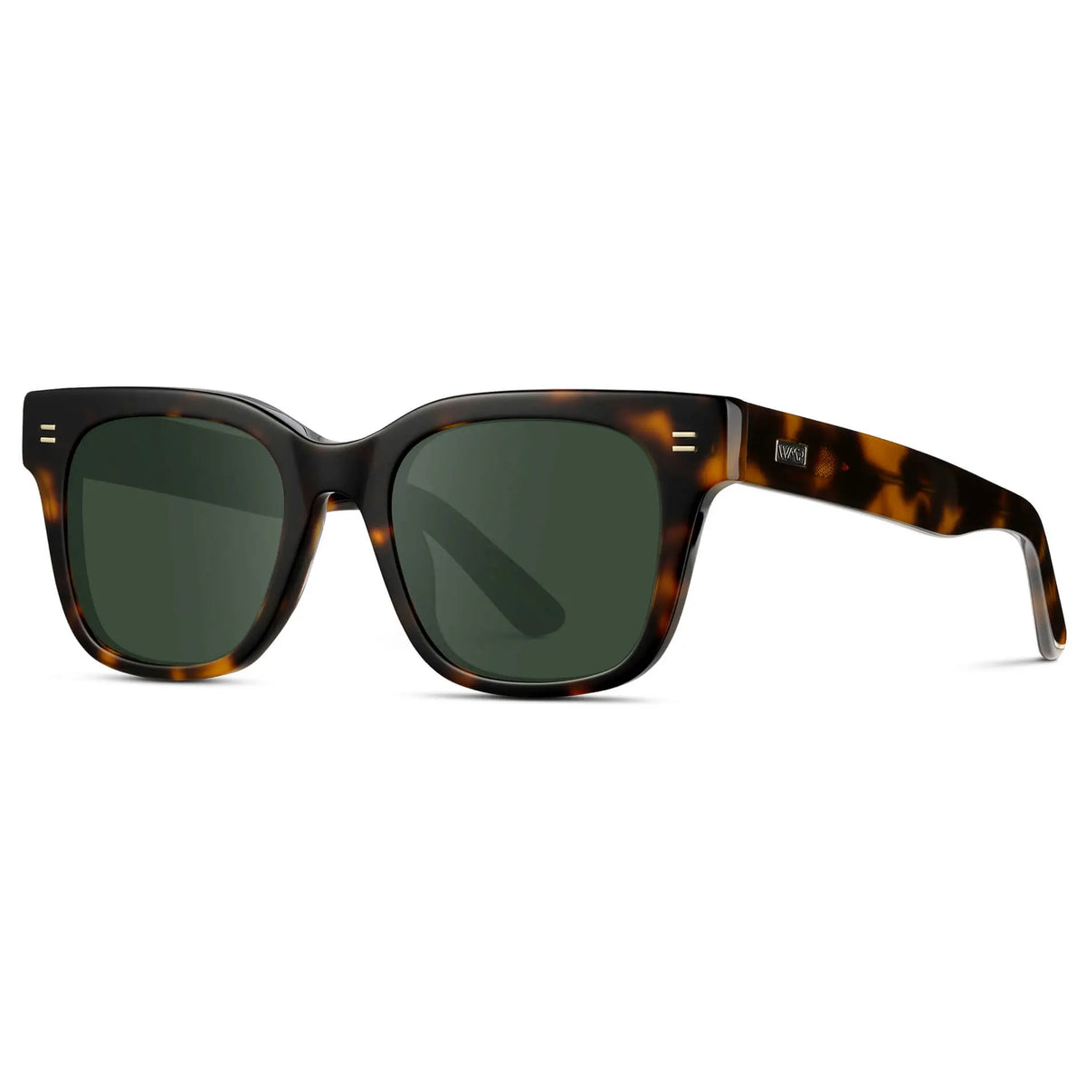 Brown Tortoise / G15 || Side view of Men's Square Frame Prescription Sunglasses with Brown Tortoise Frame and Green Lenses