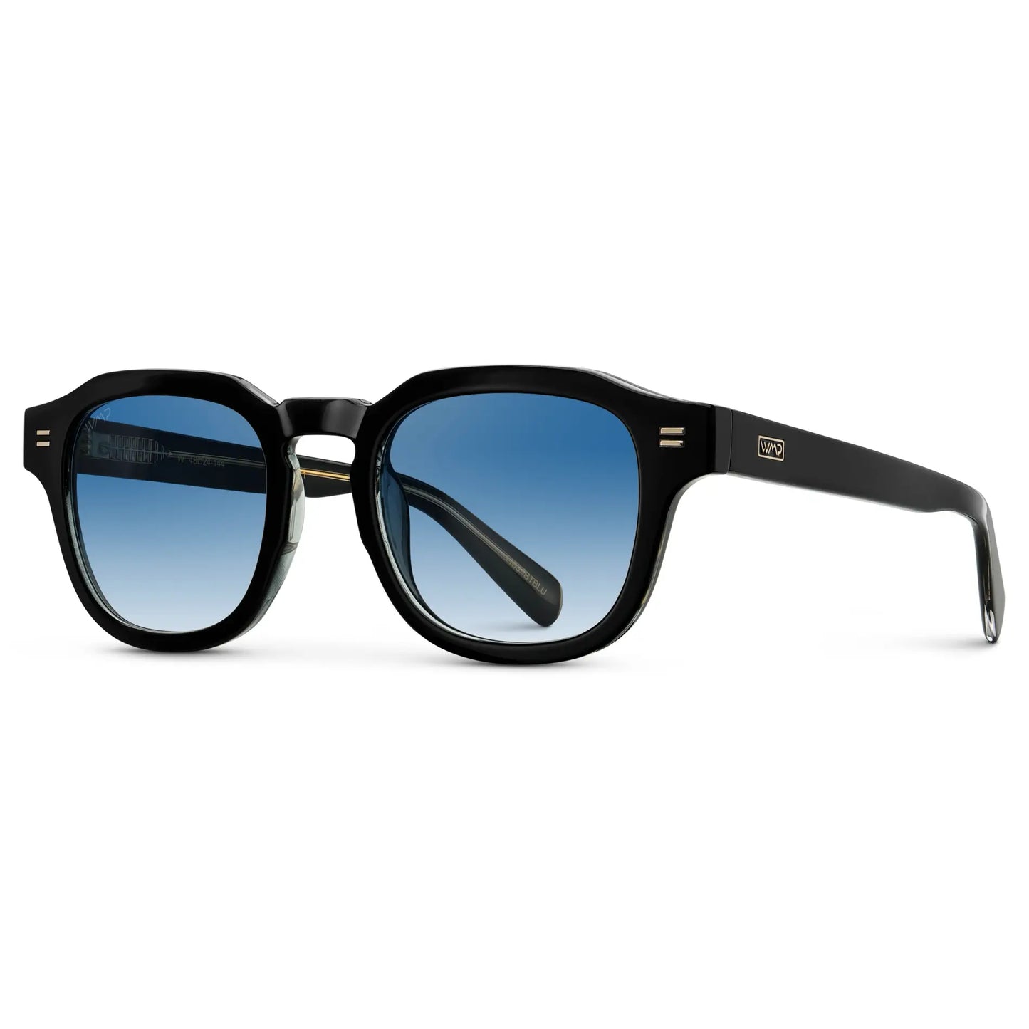 Black / Blue Gradient Tinted Lens || Side view of Men's Geometric Square Sunglasses with Black Frame and Blue Gradient Tinted Lens on a white background