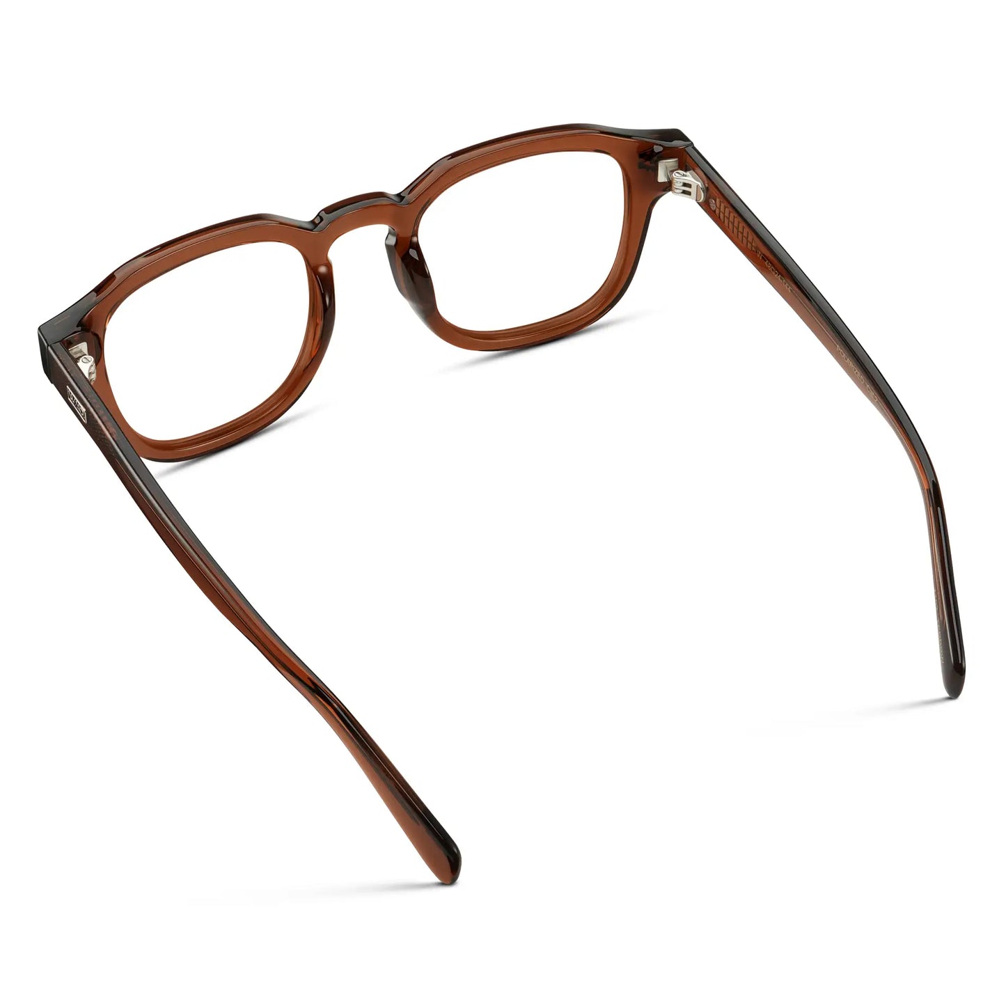 Terracotta Brown || Back view of Men's Square Prescription Eyeglasses with Brown Acetate Frame and Clear Prescription Lens on a white background