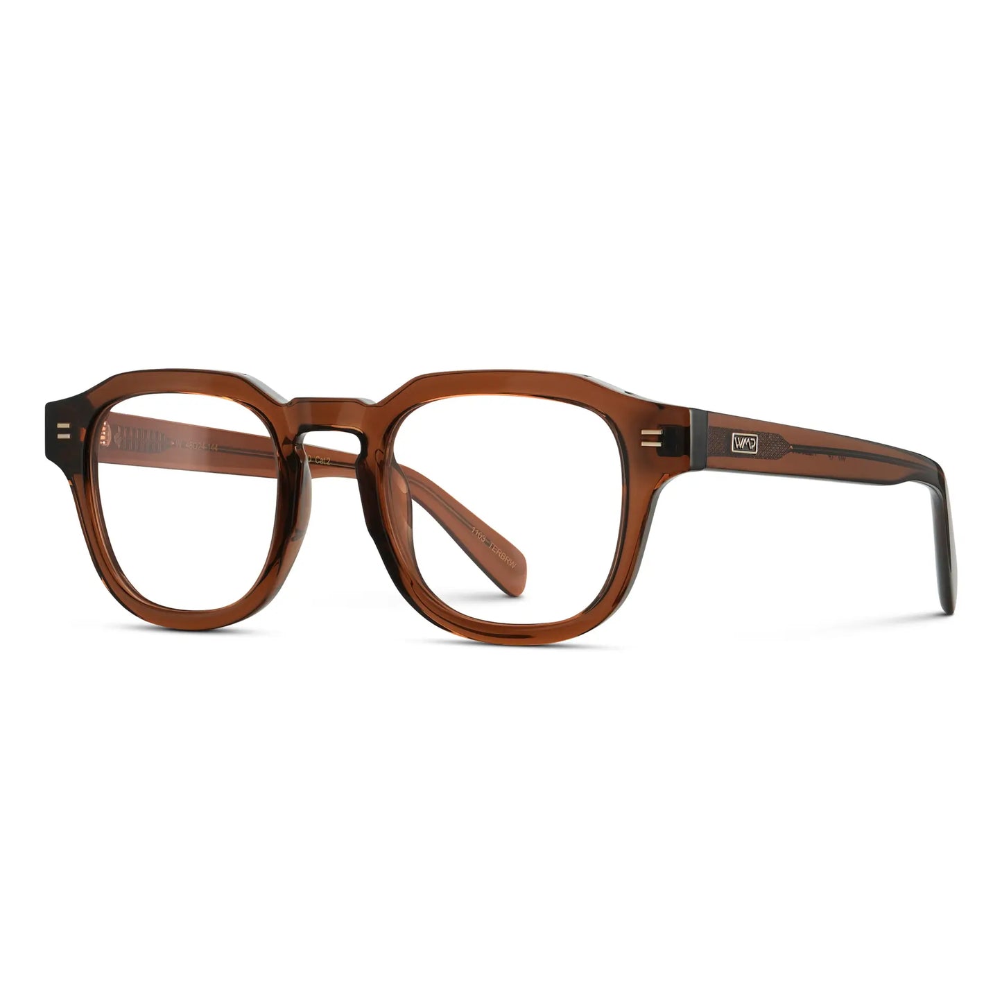 Terracotta Brown || Side view of Men's Square Prescription Eyeglasses with Brown Acetate Frame and Clear Prescription Lens on a white background