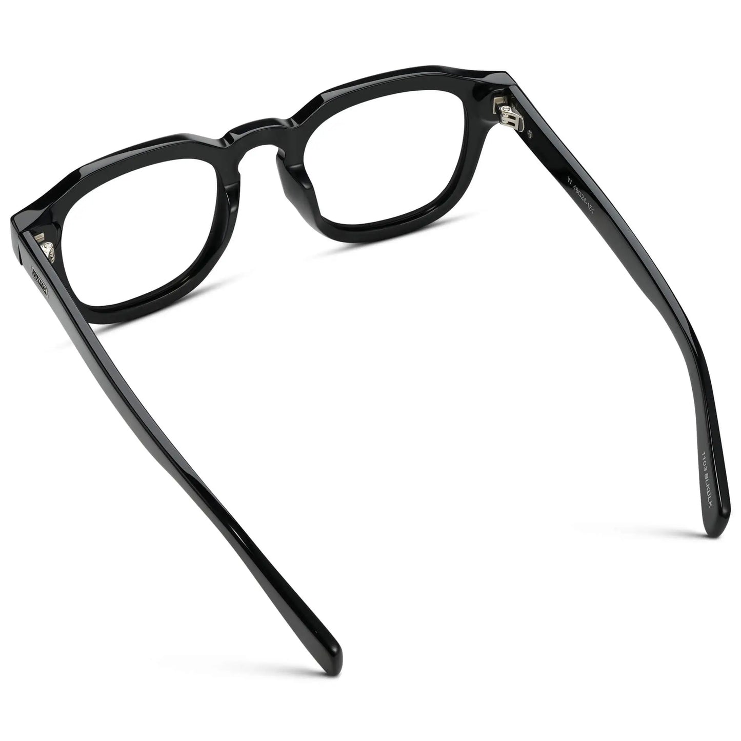 Black || Back view of Men's Square Prescription Eyeglasses with Black Acetate Frame and Clear Prescription Lens on a white background