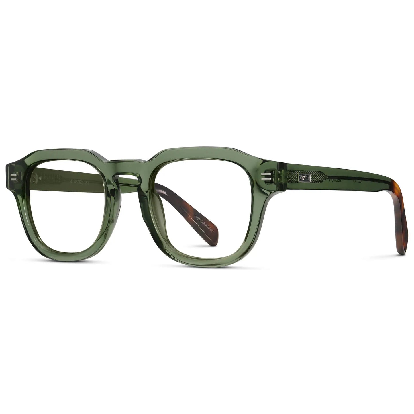 Crystal Agave Green || Side view of Men's Square Prescription Eyeglasses with Crystal Agave Green Acetate Frame and Clear Prescription Lens on a white background