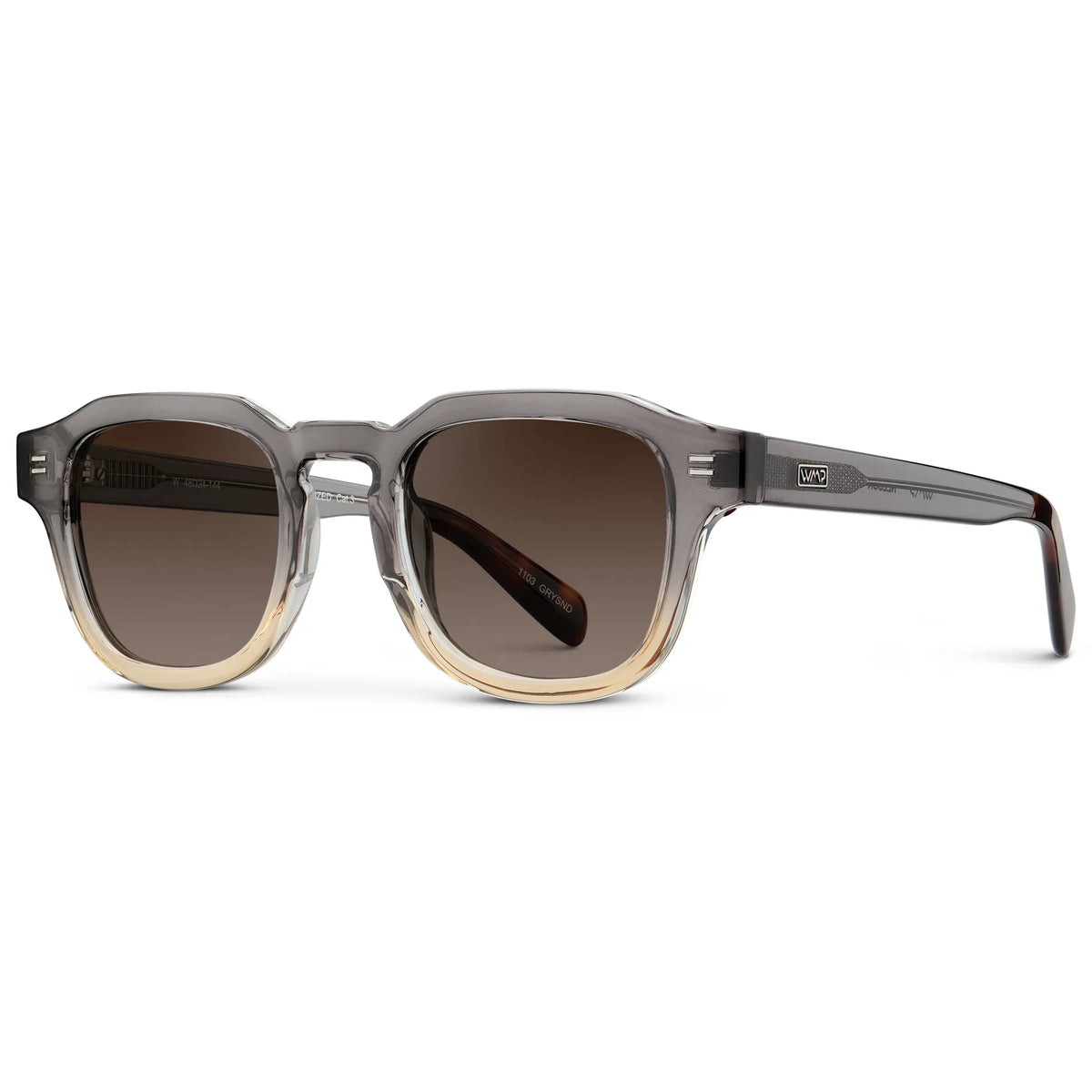 Graphite Horizon Grey / Brown Gradient Lens || Side view of Men's Geometric Square Polarized Sunglasses with Grey Acetate Frame and Brown Gradient Lens on a white background