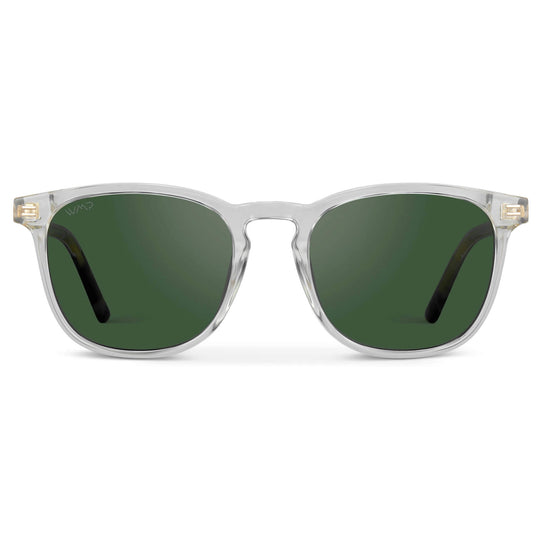 Clear / Smoke Green Lens || Men's Clear Square Frame Sunglasses with Green Polarized Lenses