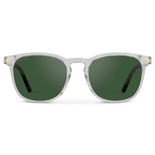 Clear / Smoke Green Lens || Men's Clear Square Frame Sunglasses with Green Polarized Lenses