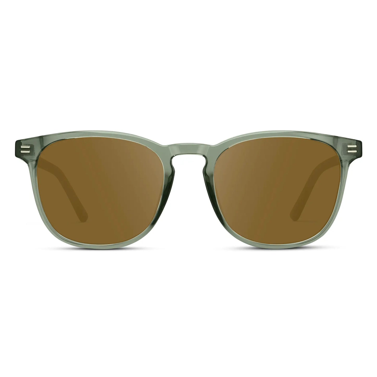 Sage Green / Amber || Green Square Frame Prescription Sunglasses with Brown Lenses on a white background