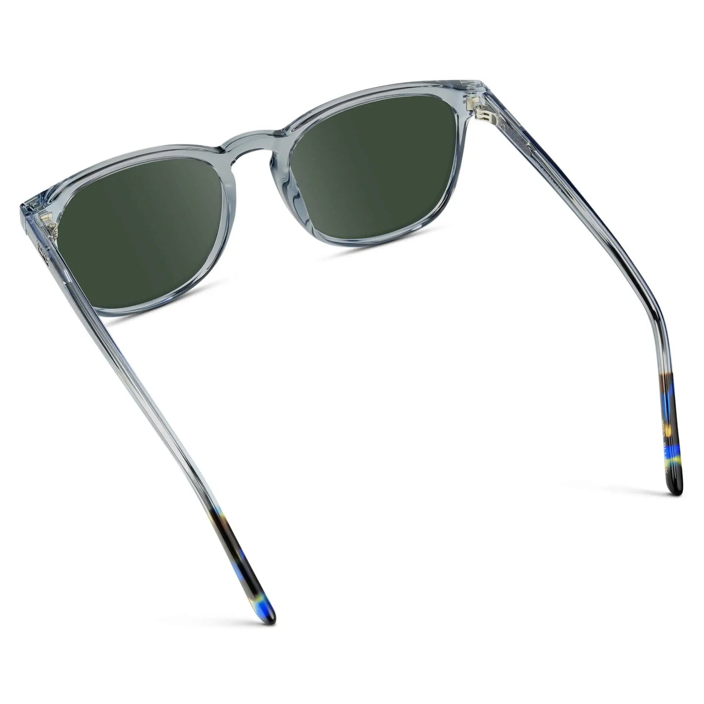 Crystal Cadet Grey / G15 || Back view of Grey Square Frame Prescription Sunglasses with Green Lenses on a white background