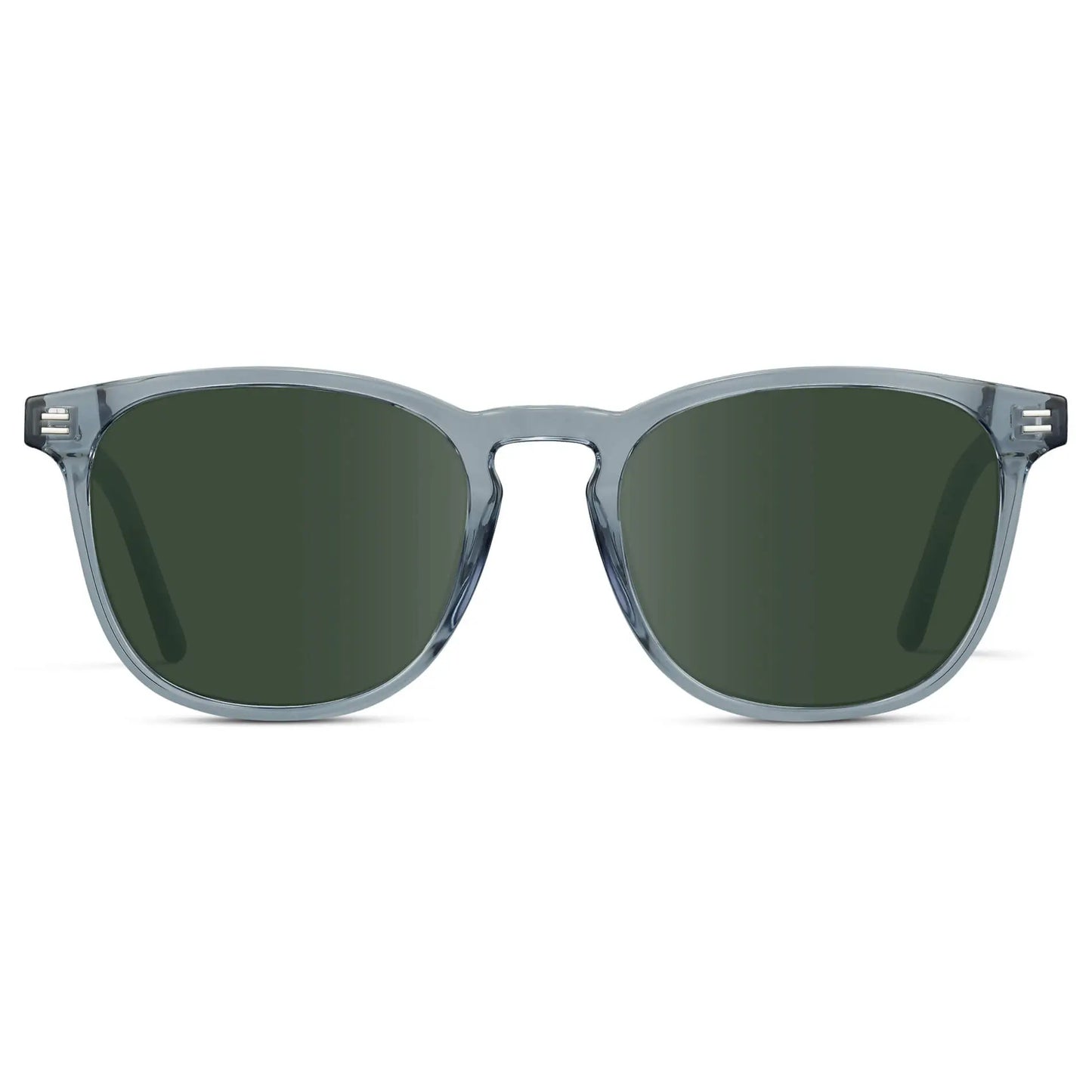 Crystal Cadet Grey / G15 || Grey Square Frame Prescription Sunglasses with Green Lenses on a white background