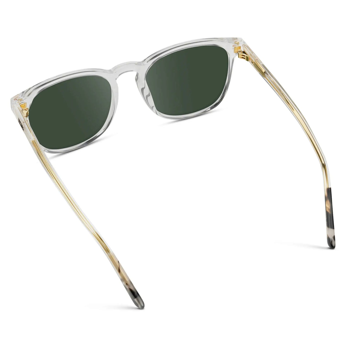 Clear / G15 || Back view of Clear Square Frame Prescription Sunglasses with Green Lenses on a white background