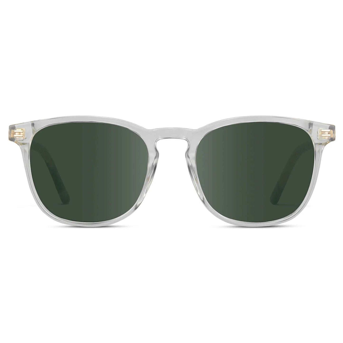 Clear / G15 || Clear Square Frame Prescription Sunglasses with Green Lenses on a white background
