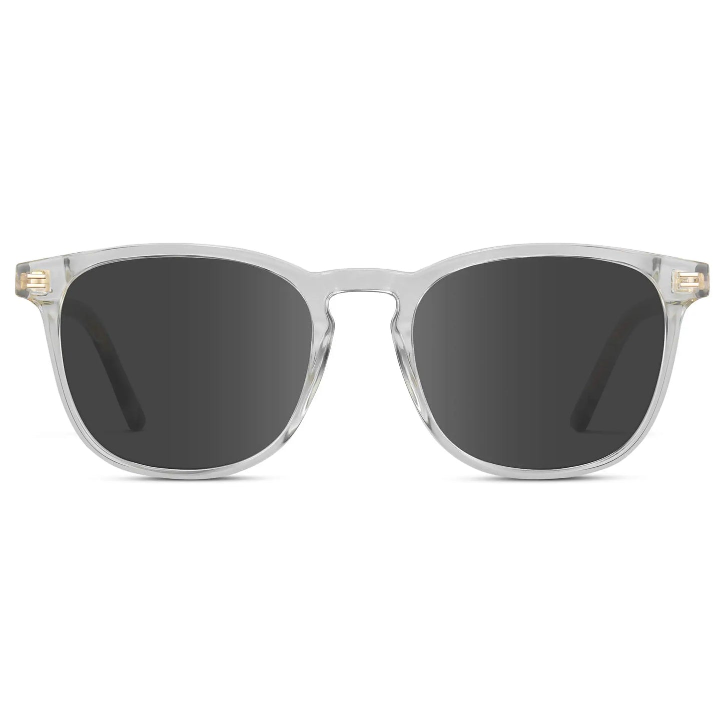 Clear / Grey || Clear Square Frame Prescription Sunglasses with Grey Lenses on a white background