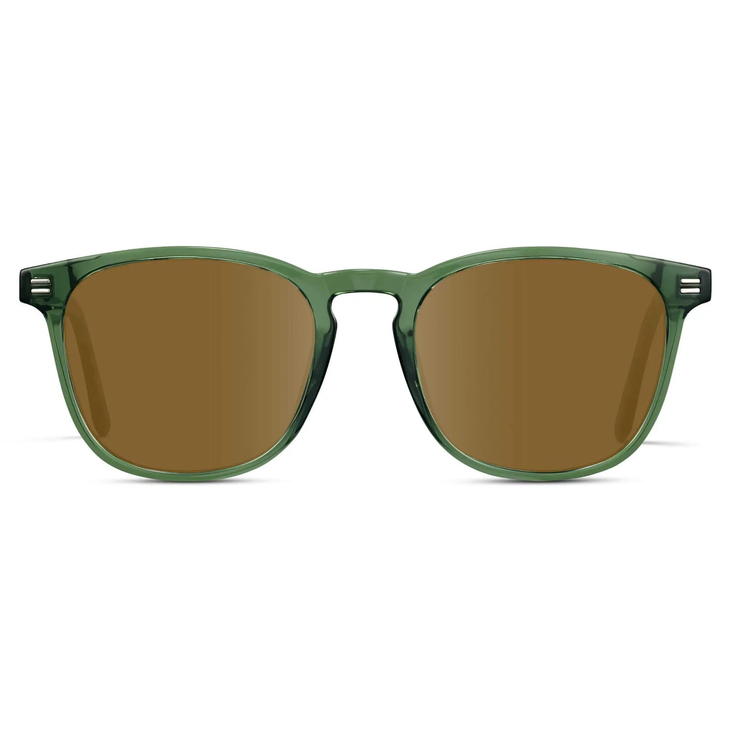 Emerald Green / Amber || Green Square Frame Prescription Sunglasses with Brown Lenses on a white background